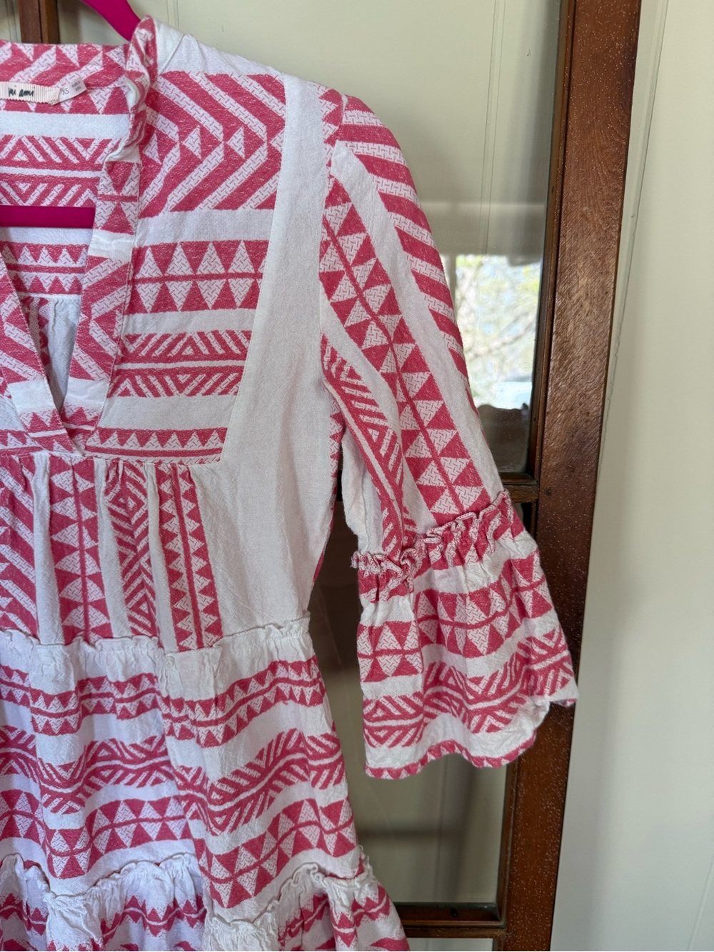 Mi Ami Pink & White Boho Geometric Tiered Mini Dress Bell Sleeve Babydoll - XS - Picture 3 of 4